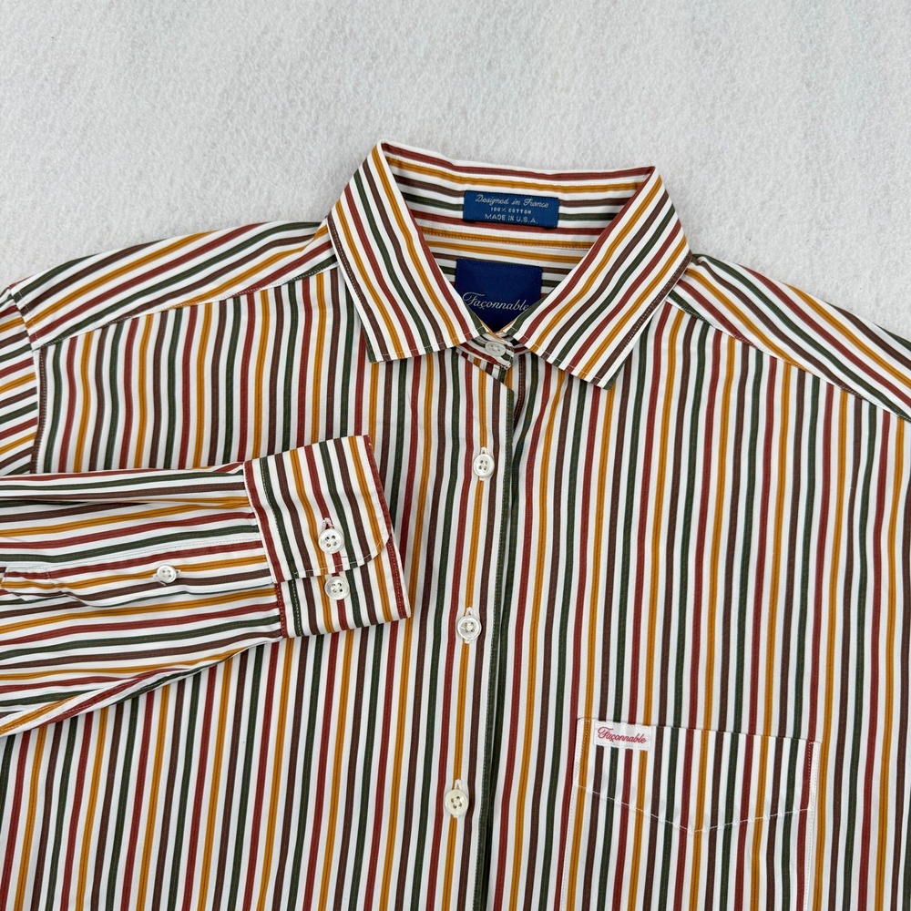 Faconnable Womens M Long Sleeve Button Down Orange Multicolor Stripe Made in USA